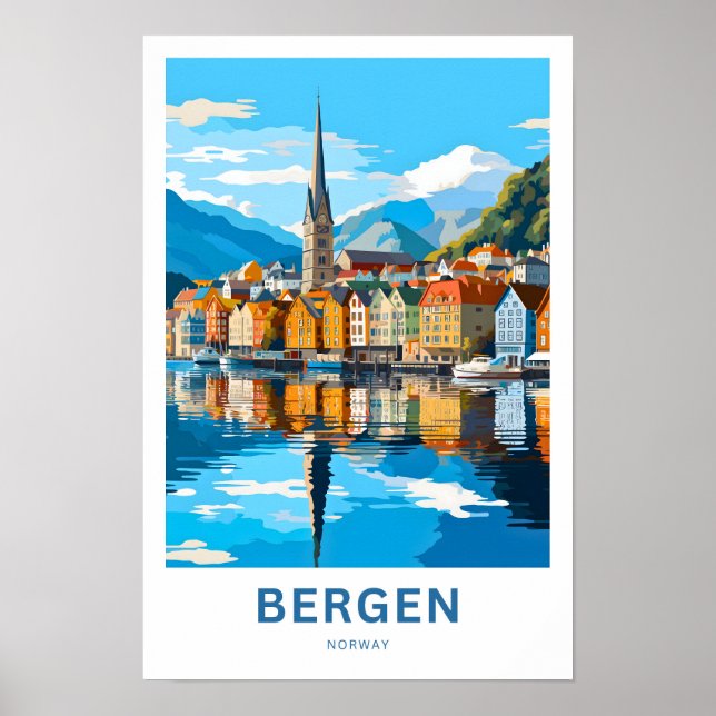 Skriv ut Bergen Norge Travel Poster (Framsidan)