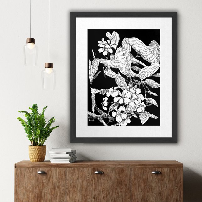 Skriv ut Bläck-skevning i den moderna Boho Blommig Poster (Boho Floral Blossoms Black Ink Drawing Wall Print)
