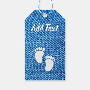 Skriv ut blått Denim Baby Shower Foot Print Presentetikett