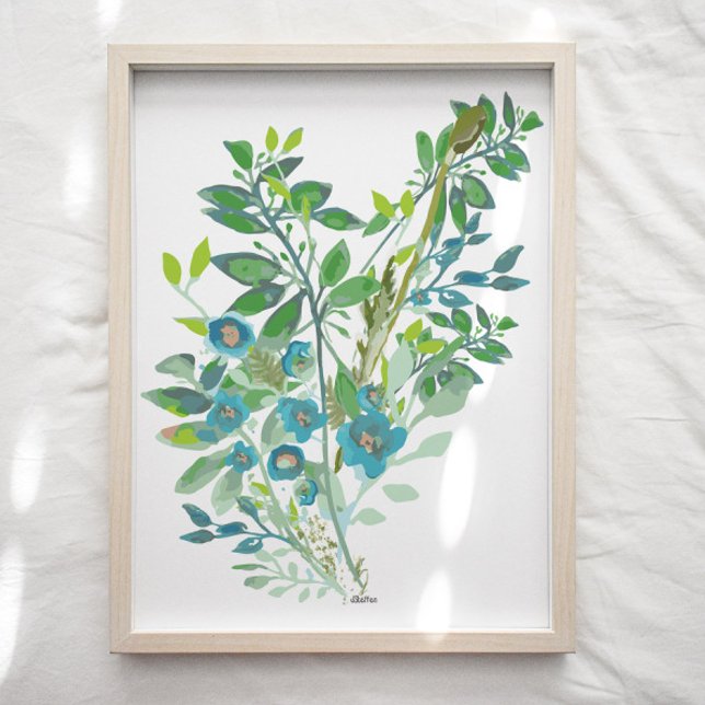 Skriv ut blommigt Art Poster (Floral Art Print in blues and greens from Studio Posies. )