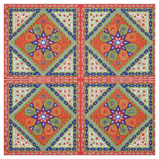 Skriv ut Blommigten Kvadratlinjer och diamanter Tyg (Provkarta)