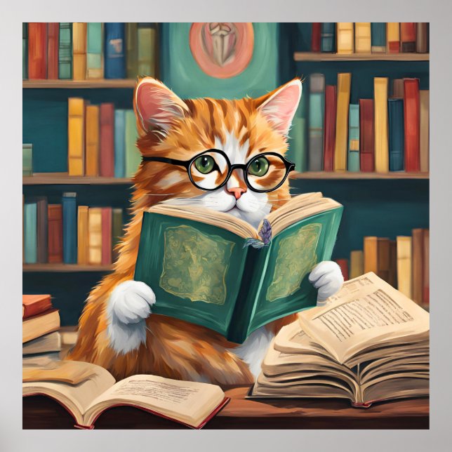 Skriv ut bokat kattväggskonst - Cute Reading Cat Poster (Framsidan)
