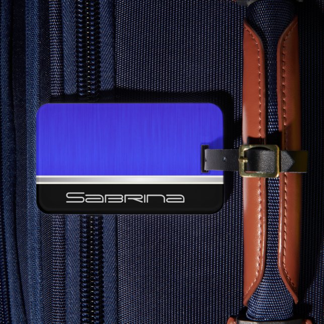 Skriv ut Bright Neon Blue Push Steel och Silver Bagagebricka (Framsida Insitu 4)