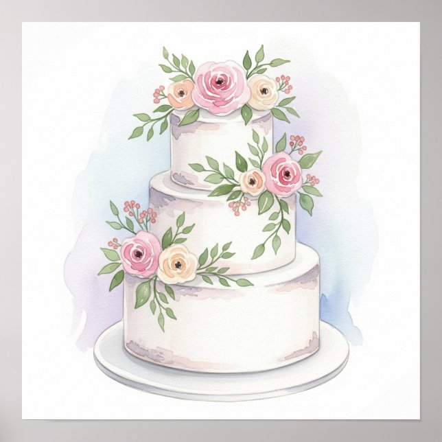 Skriv ut Bröllop Cake Art-utskrift för vattenfärge Poster (Framsidan)