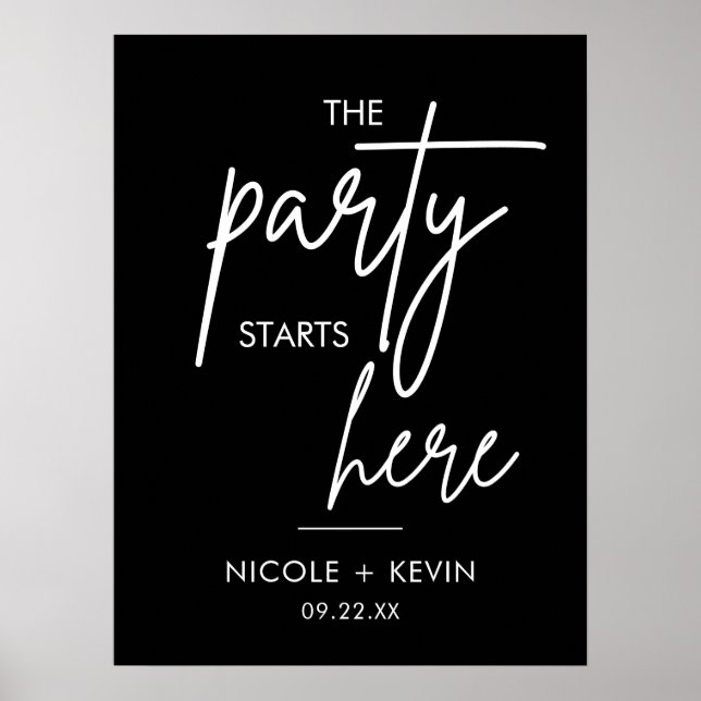Skriv ut Bröllop-tecknet Party startar här Modern Poster (Framsidan)