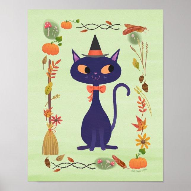 Skriv ut Cute Halloween Witch Cat Art Poster (Framsidan)