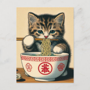 Skriv ut Cute Kitten Eating Ramen Woodblock Vykort