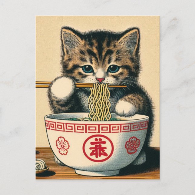 Skriv ut Cute Kitten Eating Ramen Woodblock Vykort (Framsida)