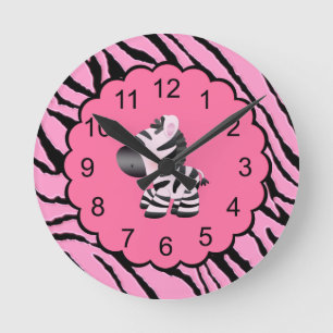 Skriv ut Cute Zebra & Rosa & Black Animal Rund Klocka