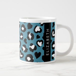 Skriv ut djur, blå leopard, hjärter, ditt namn jumbo mugg