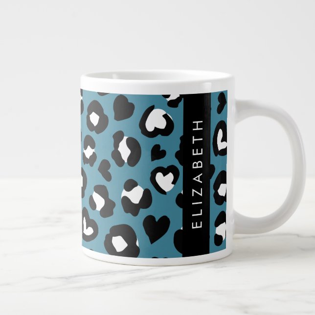 Skriv ut djur, blå leopard, hjärter, ditt namn jumbo mugg (Höger)