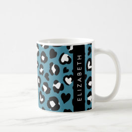 Skriv ut djur, blå leopard, hjärter, ditt namn kaffemugg