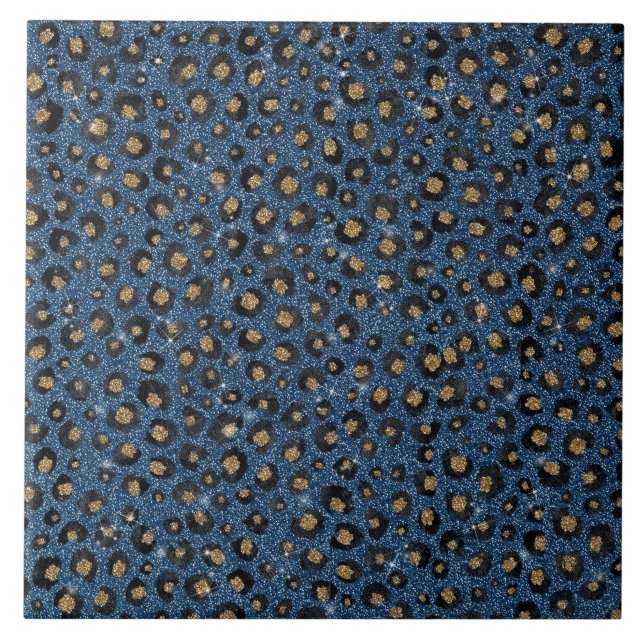 Skriv ut elegant Blue Glitter Black Guld Leopard Kakelplatta (Framsidan)