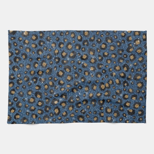 Skriv ut elegant Blue Glitter Black Guld Leopard Kökshandduk (Horisontell)