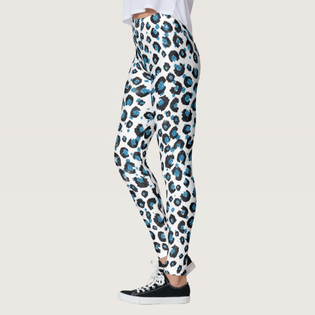 Skriv ut elegant Blue Glitter Black Leopard Animal Leggings (Vänster)