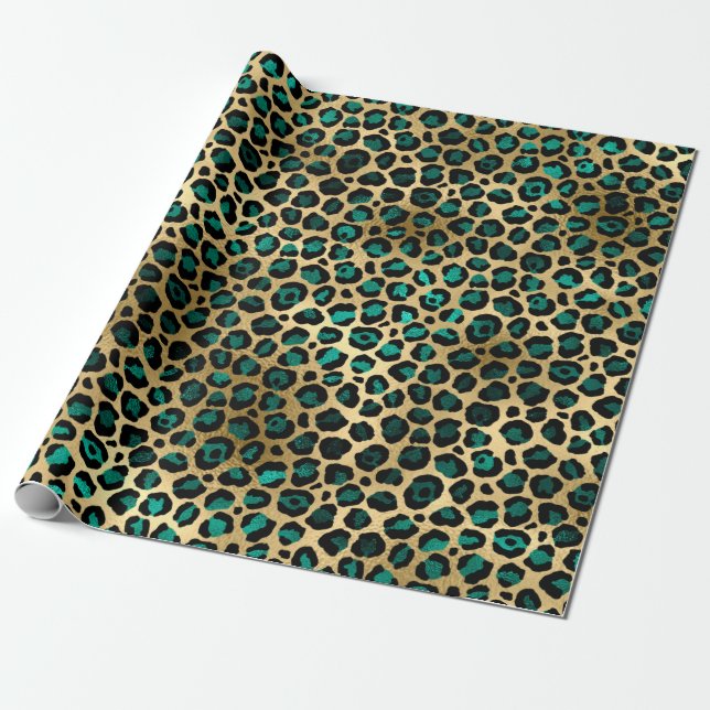 Skriv ut elegant Guld Teal Leopard Animal Presentpapper (Utrullad)