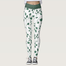 Skriv ut elegant Vit och Grönt Löv Mönster Leggings