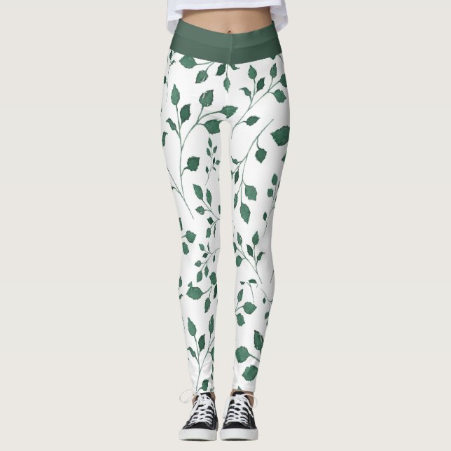 Skriv ut elegant Vit och Grönt Löv Mönster Leggings (Framsida)