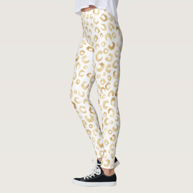 Skriv ut elegant White Guld Glitter Leopard Animal Leggings (Vänster)