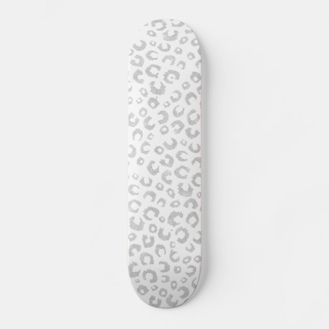 Skriv ut elegant White Silver Glitter Leopard Anim Mini Skateboard Bräda 18,5 Cm (Framsida)