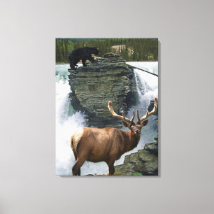 Skriv ut Elk & Black Bears Wildlife Art Wall Canvastryck
