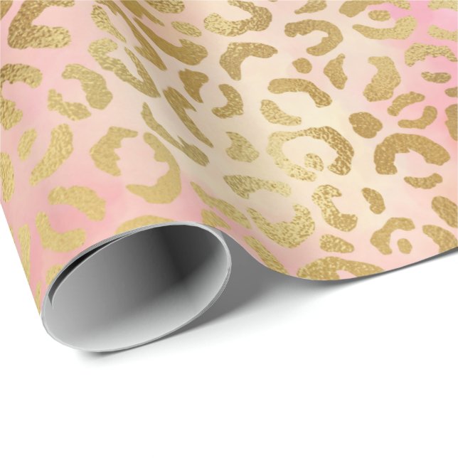 Skriv ut färgen Peach Cream Rosa Gult Guld Leopard Presentpapper (Rullad Hörn)