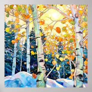 Skriv ut färgsfärg för solnedgång i skogen poster