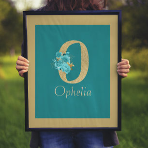 Skriv ut finare Guld & Aqua Blommigt Brev O Poster