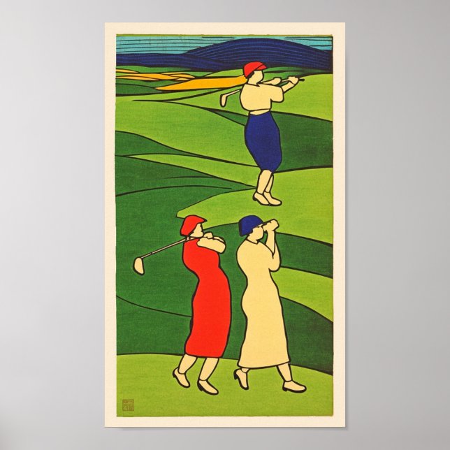 Skriv ut för Women Golfers Woodblock Poster (Framsidan)