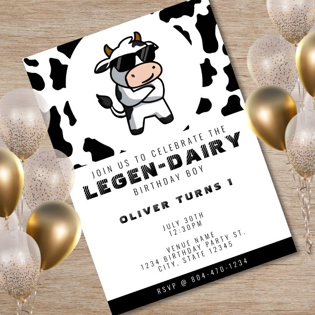 Skriv ut fotot på coolan Kow på födelsedag Inbjudningar (Cool Cow Print Photo 1st Birthday Invitation)