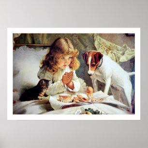Skriv ut: Frukosten i Bed: Flicka, Terrier och Kat Poster