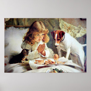 Skriv ut: Frukosten i Bed: Girl, Fox Terrier & Kat Poster