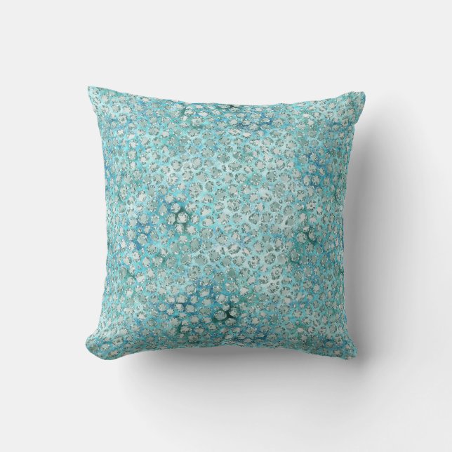 Skriv ut "Girly Aqua Blue Glitzy Glam Glitter Leop Kudde (Framsida)
