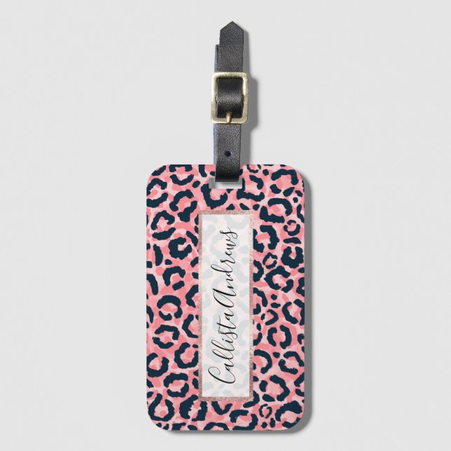 Skriv ut "Girly Artsy Rosa Blue Leopard Animal Pri Bagagebricka (Framsida vertikal)