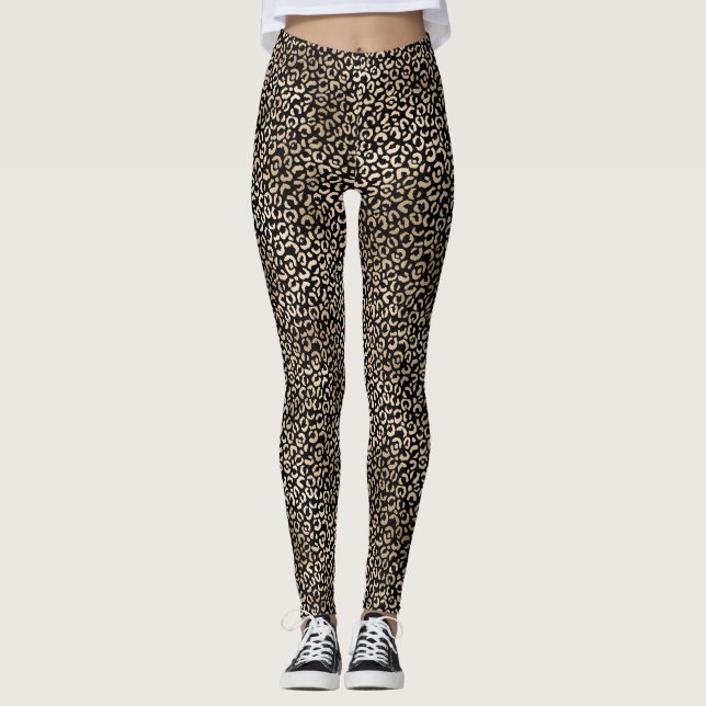 Skriv ut "Girly Black Guld Glam Leopard" Leggings (Framsida)