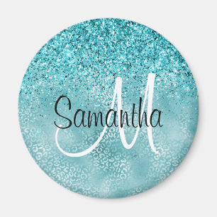 Skriv ut "Girly Glitz Aqua Turquise Glitter Leopar Magnet