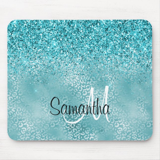 Skriv ut "Girly Glitz Aqua Turquise Glitter Leopar Musmatta (Framsidan)