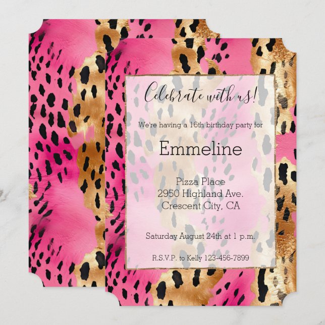 Skriv ut Girly Rosa Glam Guld Leopard Inbjudningar (Fram/baksida)