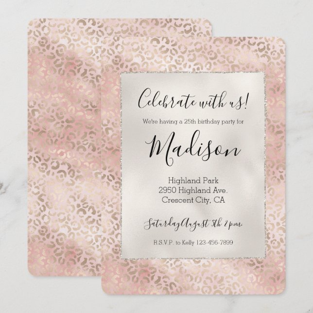 Skriv ut "Girly  Rosa Glam Guld Leopard" Inbjudningar (Fram/baksida)