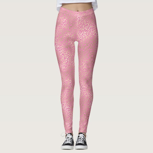 Skriv ut Girly Rosa Guld Glam Leopard Leggings (Framsida)
