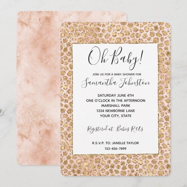 Skriv ut Glitter Guld Peach Leopard Inbjudningar (Fram/baksida)