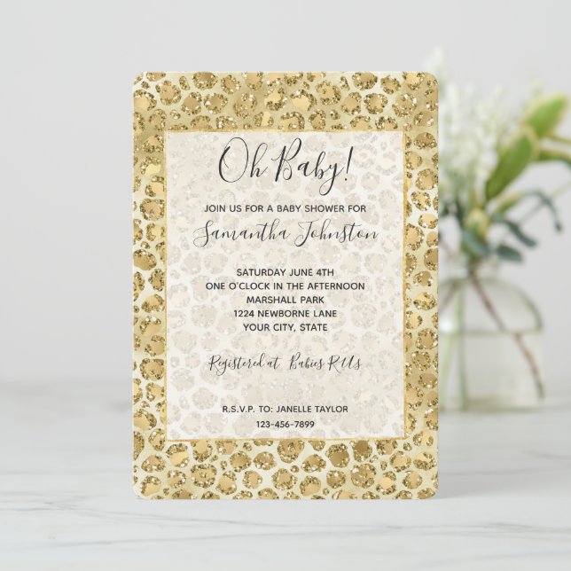Skriv ut Glitzy Glam Guld Glitter Leopard Inbjudningar (Stående Fram)