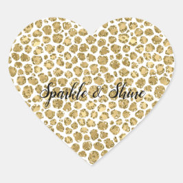 Skriv ut Glitzy Glam Guld White Glitter Leopard Hjärtformat Klistermärke