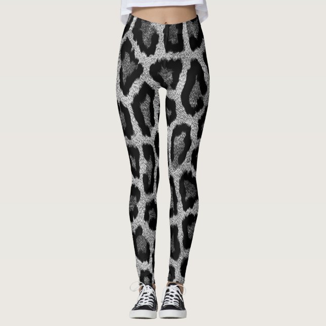 Skriv ut grått Black Leopard Animal Leggings (Framsida)