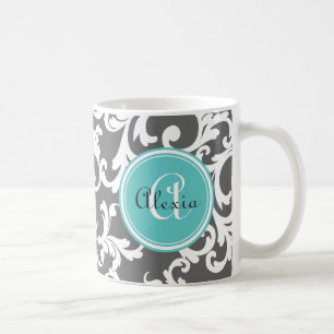 Skriv ut grått- och Aqua Monogrammed Damask Kaffemugg
