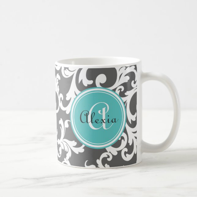 Skriv ut grått- och Aqua Monogrammed Damask Kaffemugg (Höger)