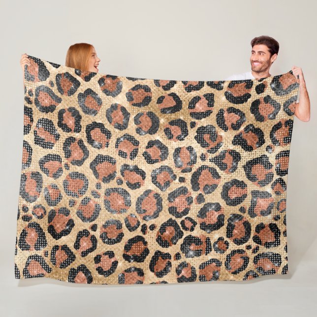 Skriv ut Guld Black Brown Leopard Animal Chic Fleecefilt (På plats)