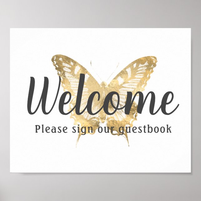 Skriv ut Guld Butterfly Guestbook Bröllop Poster (Framsidan)