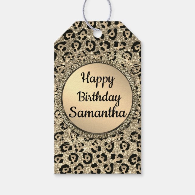 Skriv ut guld Glam Glitter Leopard Presentetikett (Framsidan)