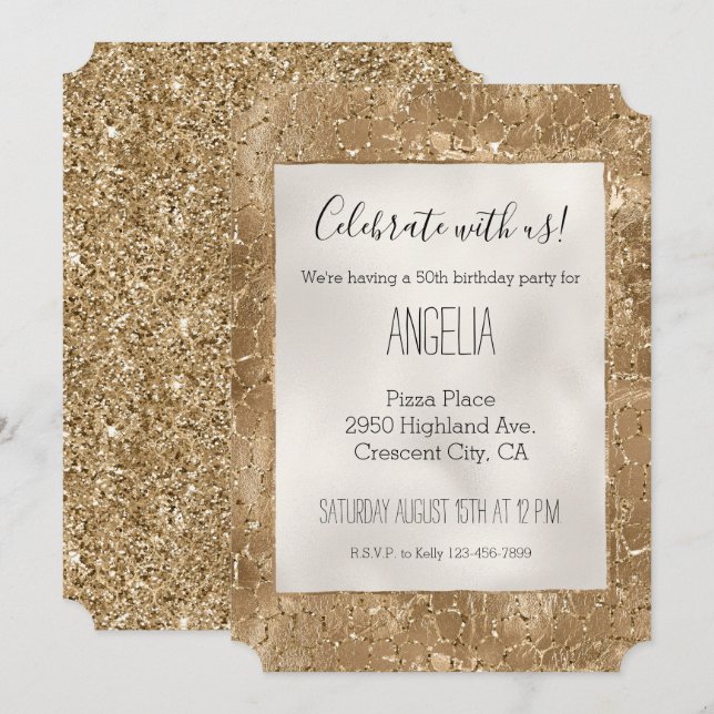 Skriv ut guld Glitzy Glitter Giraffe Inbjudningar (Fram/baksida)